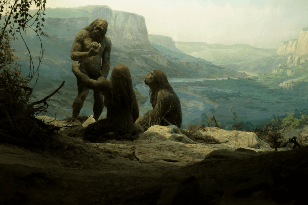 Three early hominins sitting and standing on a rocky ledge overlooking a wide river valley and distant cliffs.