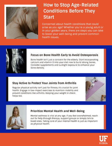 Infographic: Prevent osteoporosis with calcium and vitamin D, arthritis with exercise, and support mental health at any age.    