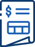 Blue outline invoice icon with a location pin and a credit card, indicating online bill payment or payment of an invoice.